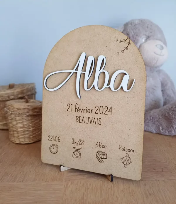 Cadre de naissance personnalisé avec prénom et statistiques de naissance | Produit | Laser Spark | Objets de décoration et accessoires en gravure laser | Décoration pour votre intérieur et tous vos événements, idées cadeaux, accessoires originaux