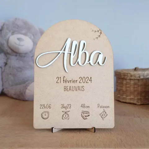 Cadre de naissance personnalisé avec prénom et statistiques de naissance | Produit | Laser Spark | Objets de décoration et accessoires en gravure laser | Décoration pour votre intérieur et tous vos événements, idées cadeaux, accessoires originaux