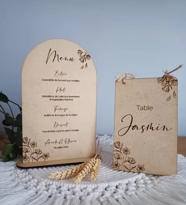 Menu de table de mariage champêtre | Produit | Laser Spark | Objets de décoration et accessoires en gravure laser | Décoration pour votre intérieur et tous vos événements, idées cadeaux, accessoires originaux