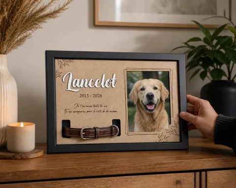 Cadre commémoratif pour la perte d'un animal avec emplacement pour un collier et une photo | Produit | Laser Spark | Objets de décoration et accessoires en gravure laser | Décoration pour votre intérieur et tous vos événements, idées cadeaux, accessoires originaux
